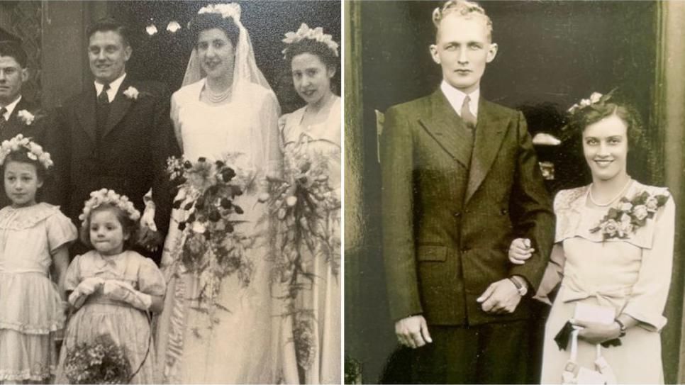 Two black and white wedding photos - one with the bride and groom and some children/younger people - another showing a young couple who are dressed like wedding guests
