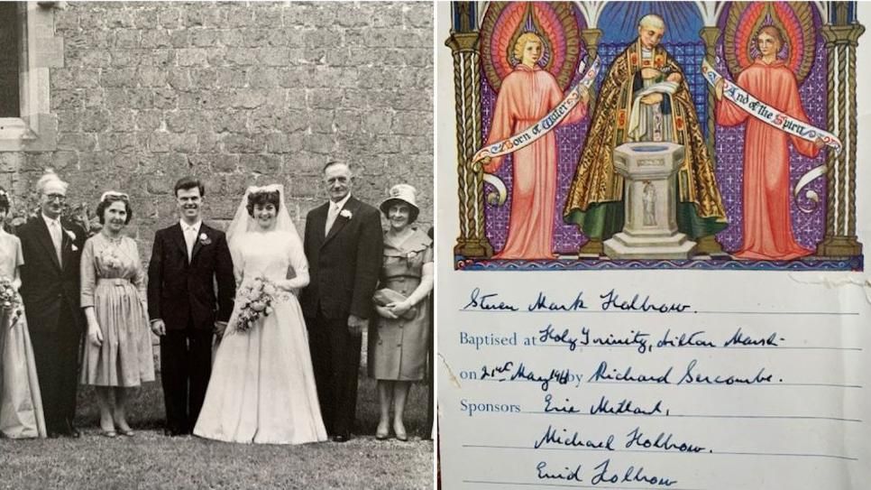 Two photos - a black and white one of a wedding party posing against an outside wall and a baptism certificate dated 1961