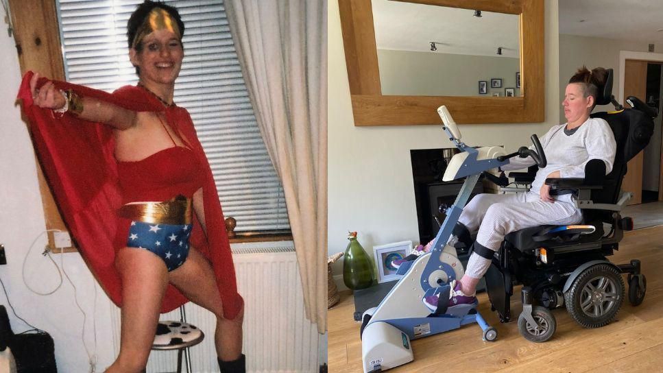 On the left Aymie Wellman is pictured in a Wonder Woman outfit while on the right she is pictured in a wheelchair using an exercise aid