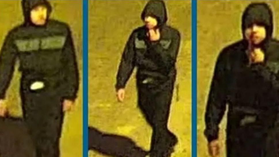 Three CCTV images of the same man wearing a black hooded jacket with a horizontal grey panel across the chest