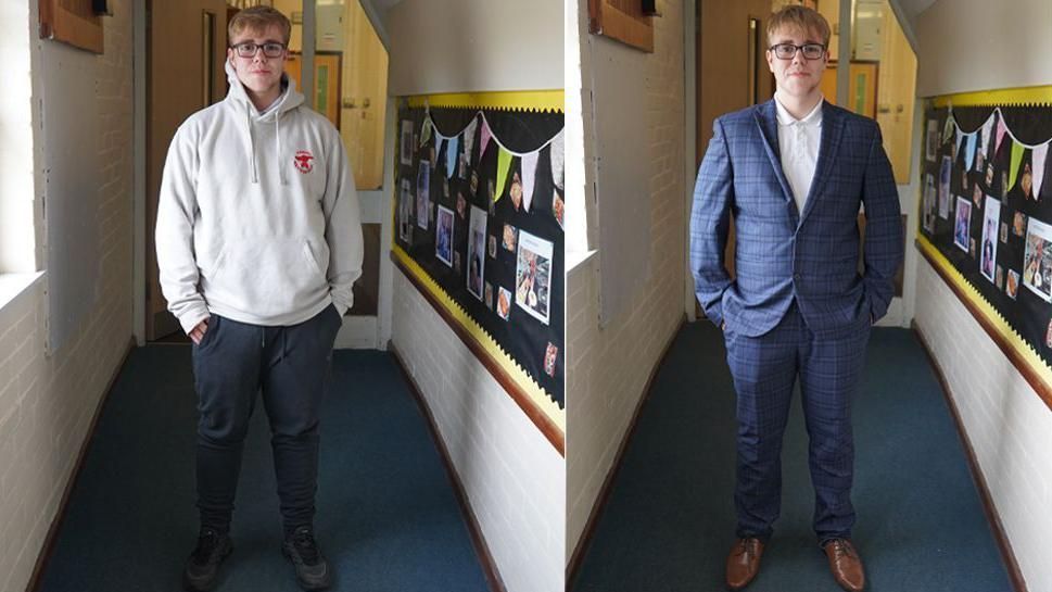 Kieran stood in a hallway in school uniform and then in a suit