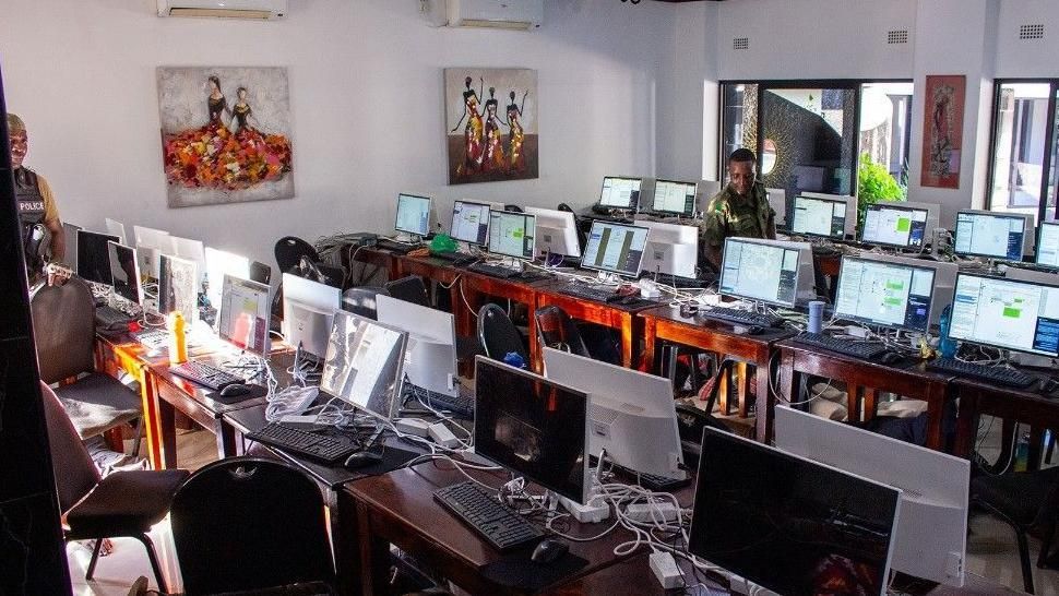 Dozens of desktop computers seized during the raid