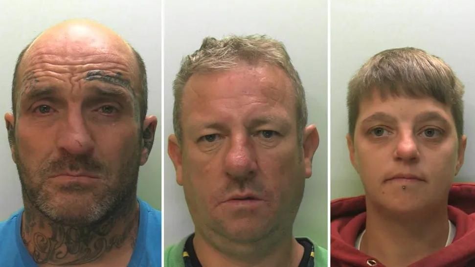 Police mugshots showing Grant Braidwood, Andrew Ball and Kerry Gove