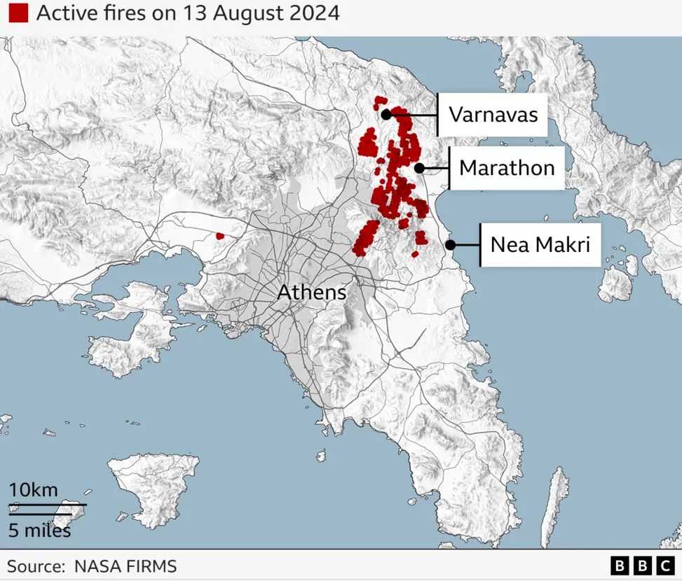 Map showing locations of active fires around Athens