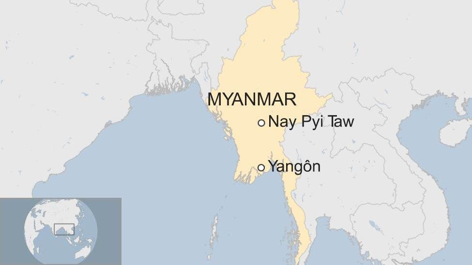 A map showing where Nay Pyi Taw and Yangon are in Myanmar