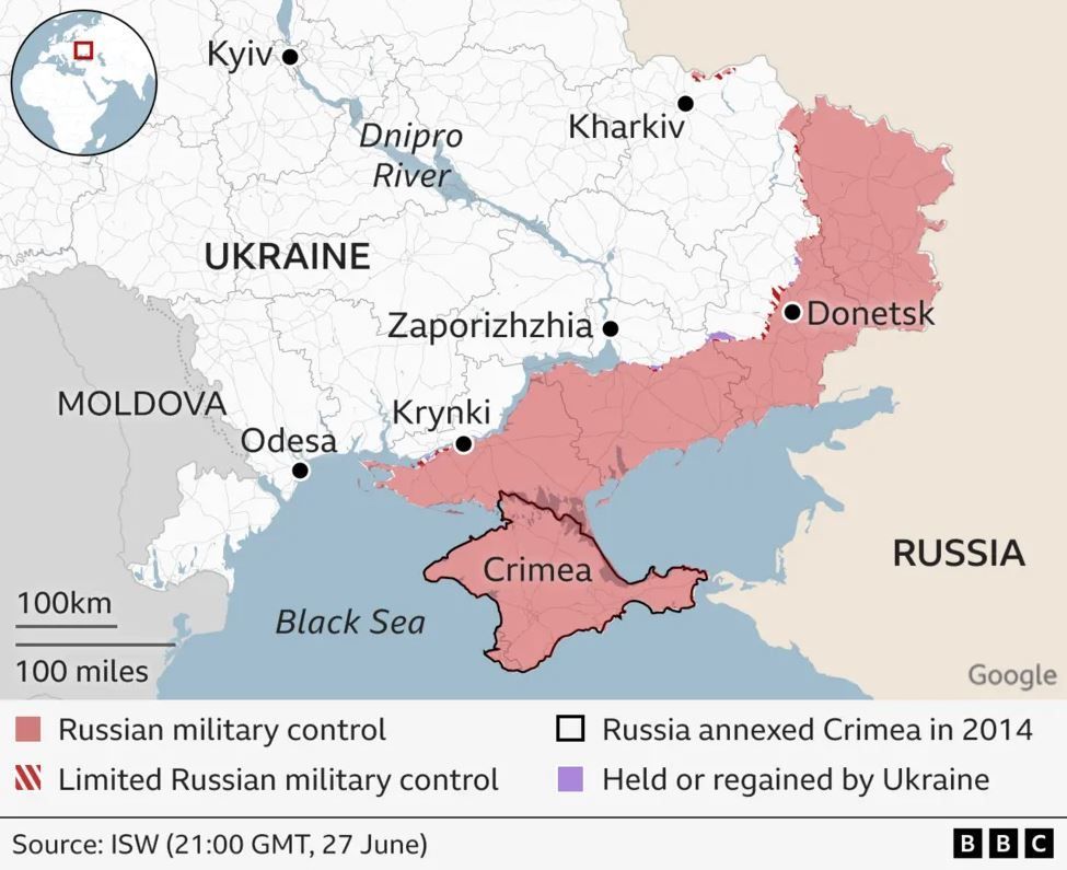 Ukraine map showing front lines/Russian occupation