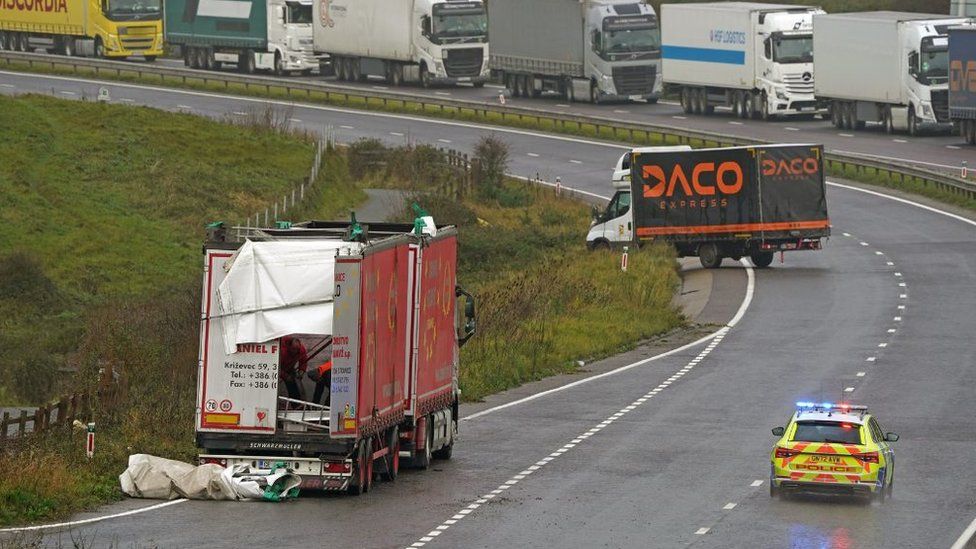 Two lorries on the A20 near Dover, Kent