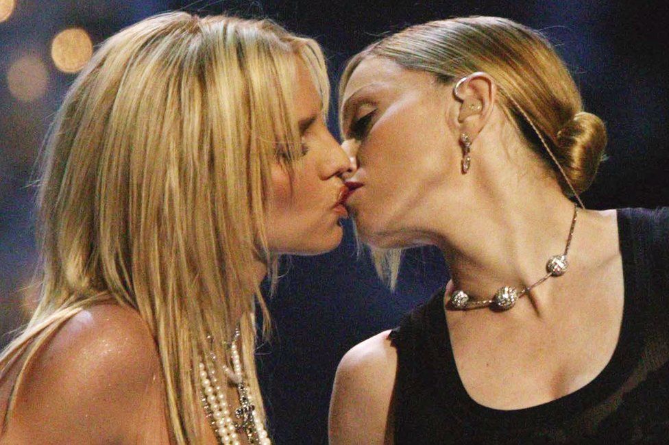 Britney Spears and Madonna kiss during the 2003 MTV Video Music Awards at Radio City Music Hall in 2003 in New York City