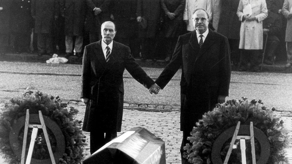 French President Francois Mitterrand and German Chancellor Helmut Kohl at Verdun (file photo - September 1984)