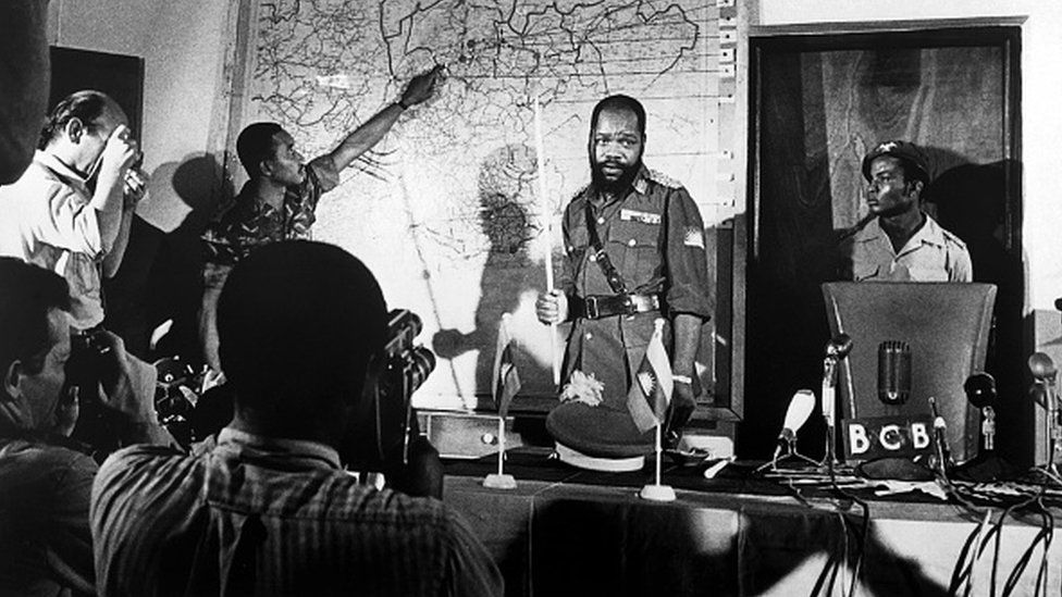 Undated file picture of Colonel Odumegwu Emeka Ojukwu, the leader of the breakaway Republic of Biafra, giving a press conference during the Biafra war