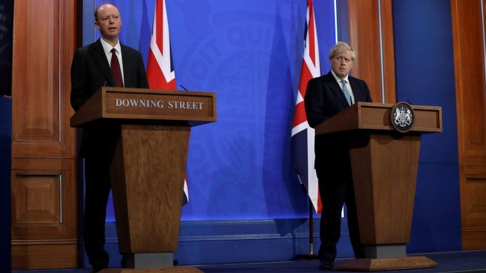 Prof Chris Whitty (left) alongside the PM at a Covid briefing