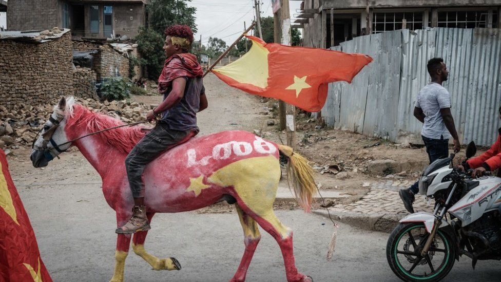 A man riding a horse the colour of the Tigray flag with a Tigray flag in his hand