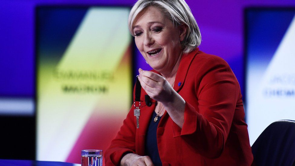 Marine Le Pen takes part in a special political TV in Saint-Cloud, west of Paris, 20 April