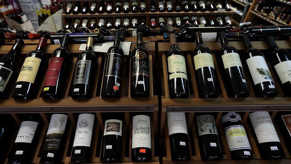Bottles of California wines are displayed on a shelf at John and Pete's Fine Wine and Spirits on February 14, 2017 in Los Angeles, California.