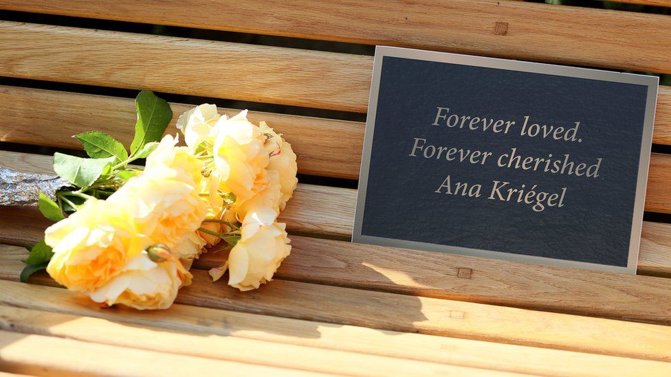 Flowers left on a bench, which was unveiled by the parents of murdered schoolgirl Ana Kriégel, at a ceremony on the grounds of the Leixlip Manor Hotel, Co. Kildare