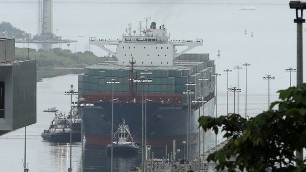 ship approaches new Agua Clara locks, part of the Panama Canal expansion project,