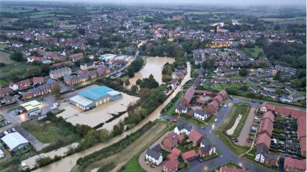 Flooding in Framlingham on Friday shown from above. Roads resemble rivers
