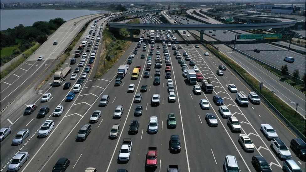 Traffic backs up at the San Francisco-Oakland Bay Bridge toll plaza along Interstate 80 on 25 July 2019 in Oakland, California