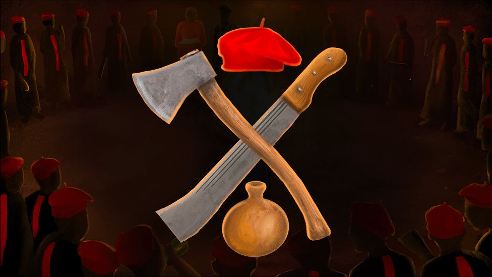Illustration with axe, machete, beret and calabash insignia of a Nigerian cult