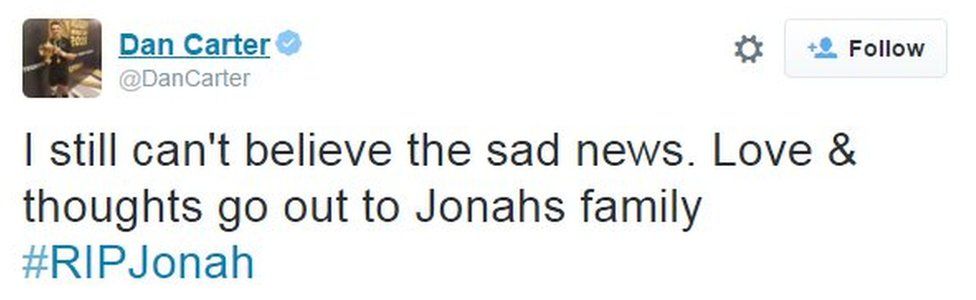 Dan Carter tweets "I still can't believe the sad news. Love & thoughts go out to Jonahs family #RIPJonah"