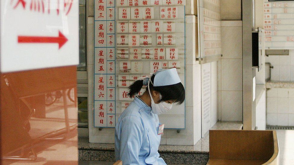 A nurse wears a face mask to protect against Severe Acute Respiratory Syndrome (SARS), 2004
