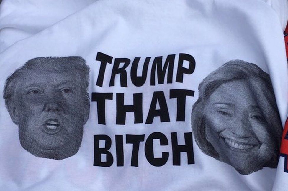Huffington Post journalist Caroline Modarressy-Tehrani photographed a "Trump that bitch" T-shirt being sold outside a Trump event in Rhode Island