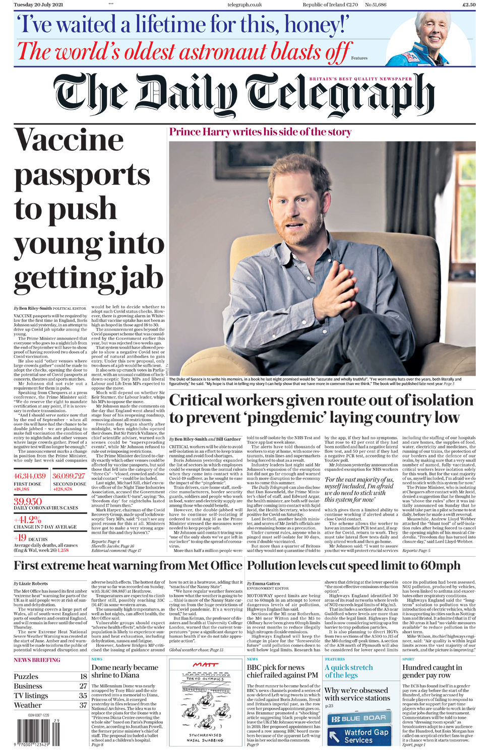 Daily Telegraph front page 20/07/21
