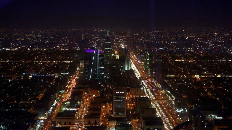 A skyline view of the city from the 99th floor - the viewing floor - at The Kingdom tower on December 7, 2015 in Riyadh, Saudi Arabia