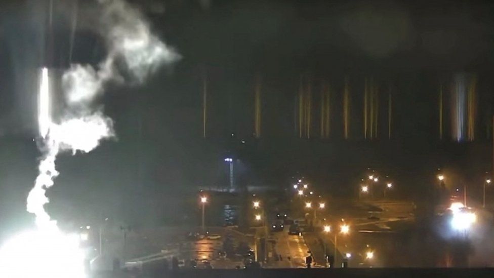 Surveillance camera footage shows Zaporizhzhia nuclear power plant during shelling in Enerhodar, Zaporizhia Oblast, Ukraine.