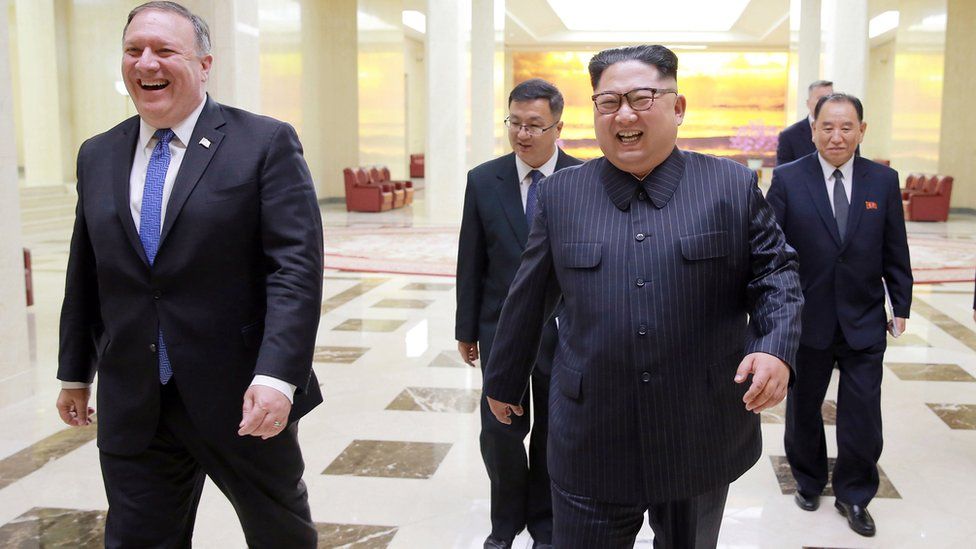 Kim Jong-un walks with Mike Pompeo in Pyongyang, North Korea, 9 May 2018