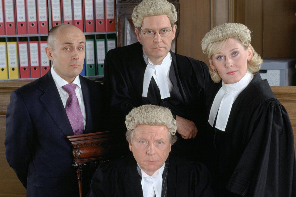 Jonathan Kydd as Vince, John Bird as John Fuller-Carp, James Fleet as Hilary Tripp and Sarah Lancashire as Ruth Quirke in BBC legal drama Chambers