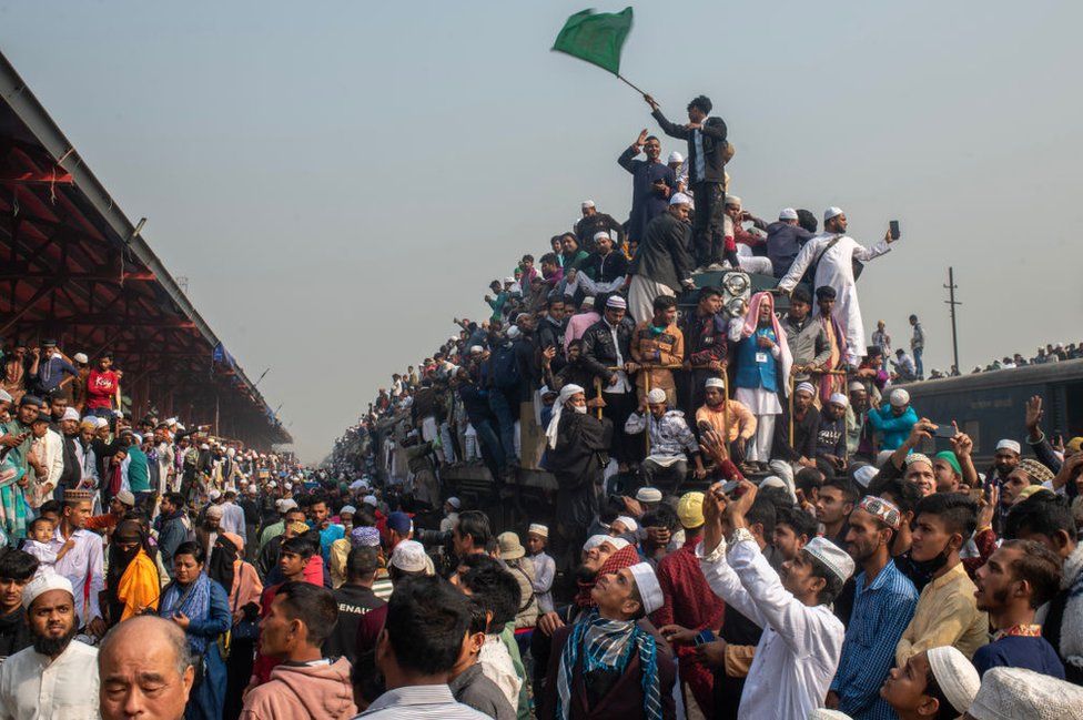 Muslim devotees on an overcrowded train in Tongi, on the outskirts of Dhaka, Bangladesh, on February 4, 2024.
