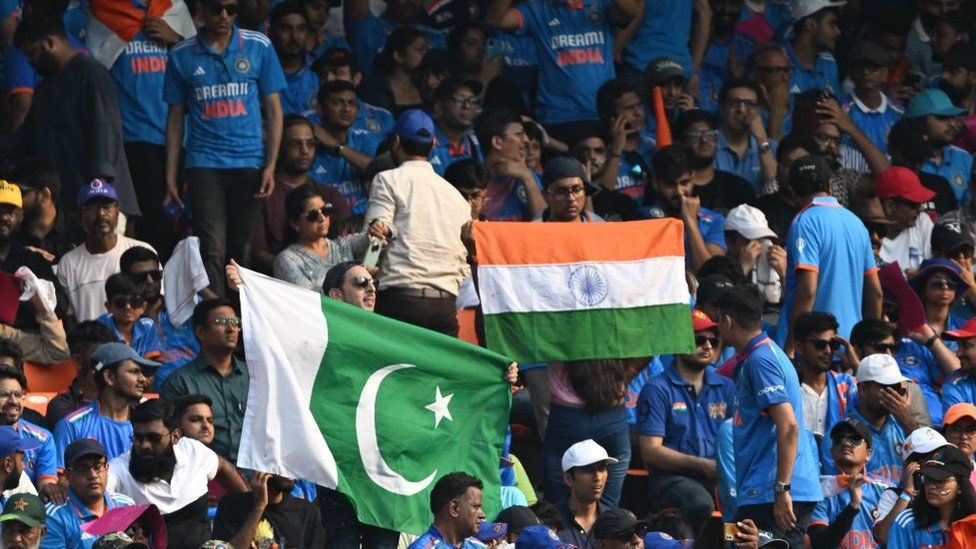 A Pakistani flag and an Indian flag in the crowd during the cricket World Cup