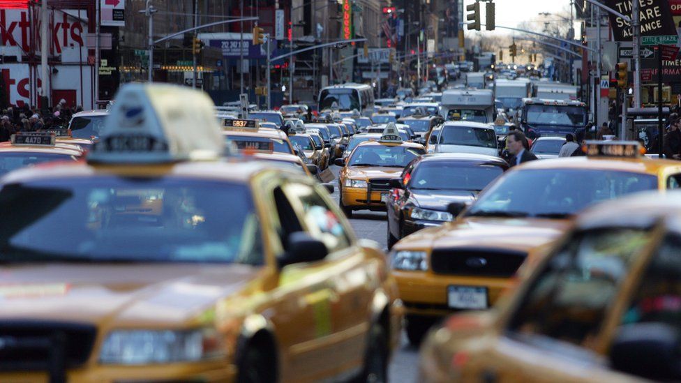 New York taxis in busy street