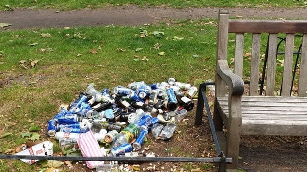 Litter by bench in St James's Park