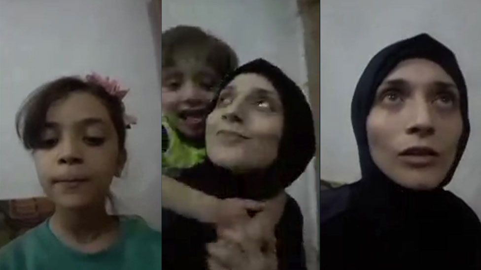 A three-part composite from a BBC video call, showing Bana, Fatemah, and Noor