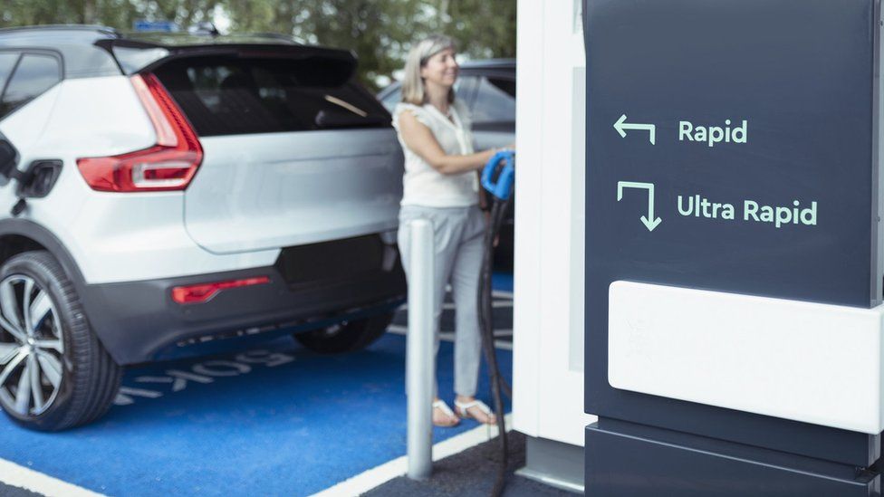 Woman charging electric car at charging station in York