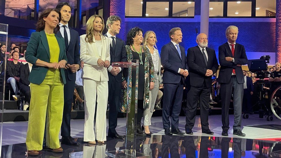 Dilan Yesilgöz (in white) and the other three front-runners (R) took part in a final TV debate on Tuesday night