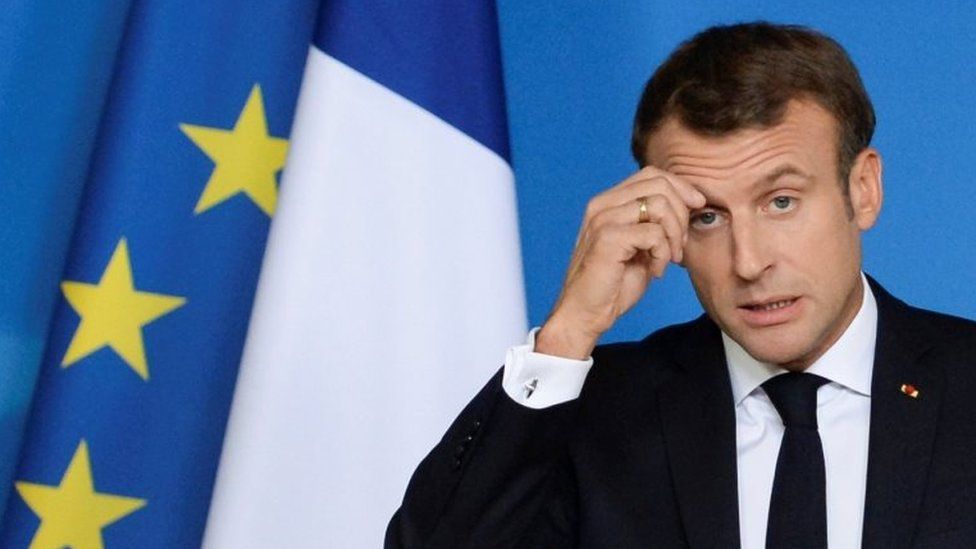 French President Emmanuel Macron gestures at a news conference in Brussels, Belgium on 18 October 2019.
