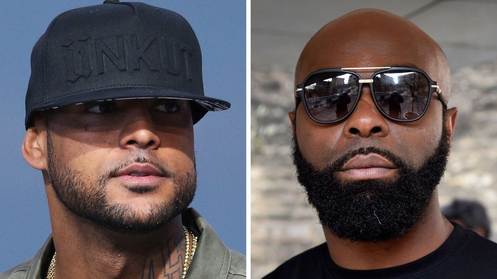 French rapper Booba (L) on May 19, 2014, in Cannes, southern France, and French rapper Kaaris (R) on March 25, 2015, in Paris
