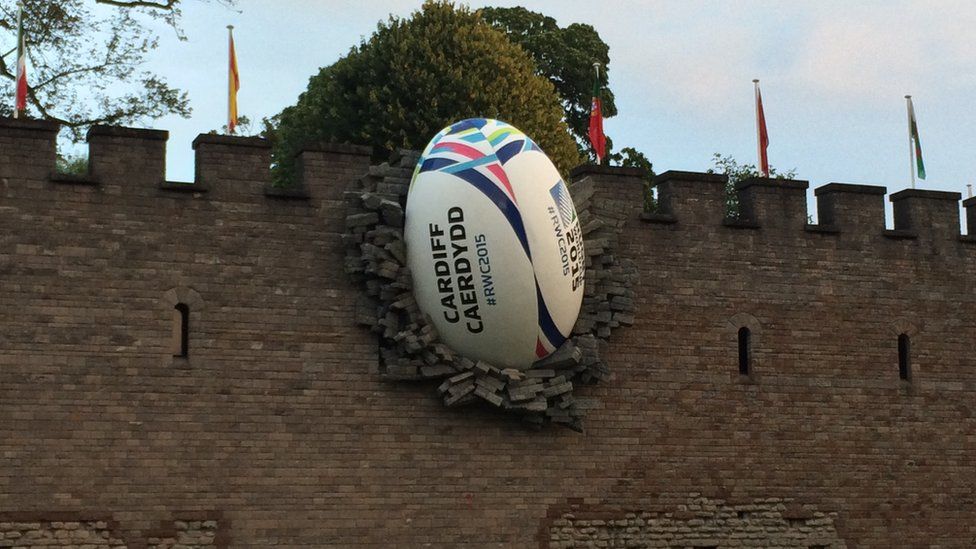 Rugby ball in Cardiff Castle wall