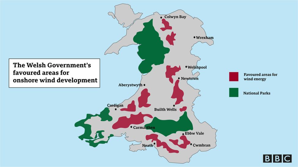 A map of Wales showing 10 favoured areas for wind energy development around Wales