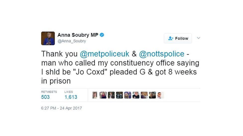 Anna Soubry tweet thanking police