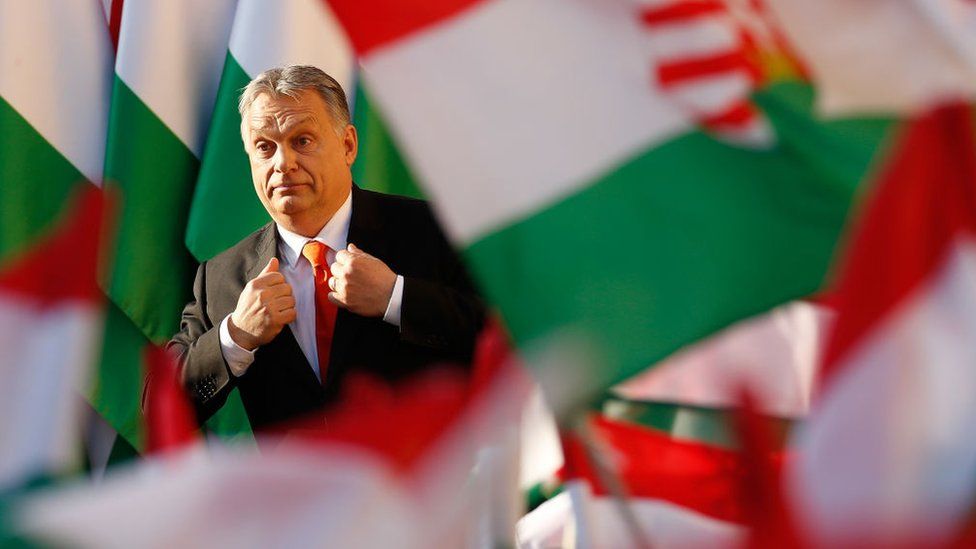 Viktor Orban walking among Hungarian flags