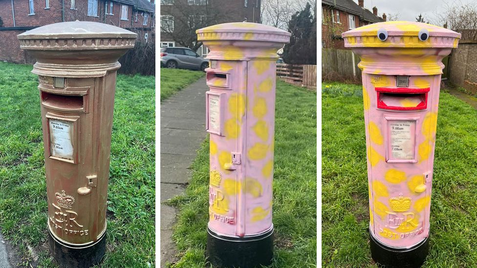 Composite image of postboxes painted (left to right) gold, then yellow and pink and then with red added