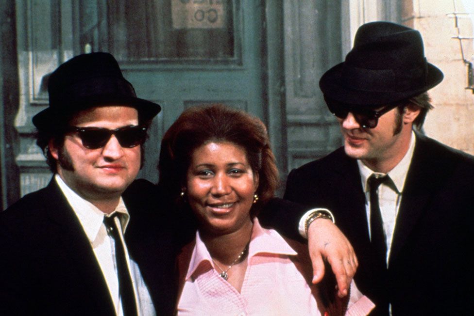 John Belushi, Aretha Franklin and Dan Aykroyd on the set of The Blues Brothers