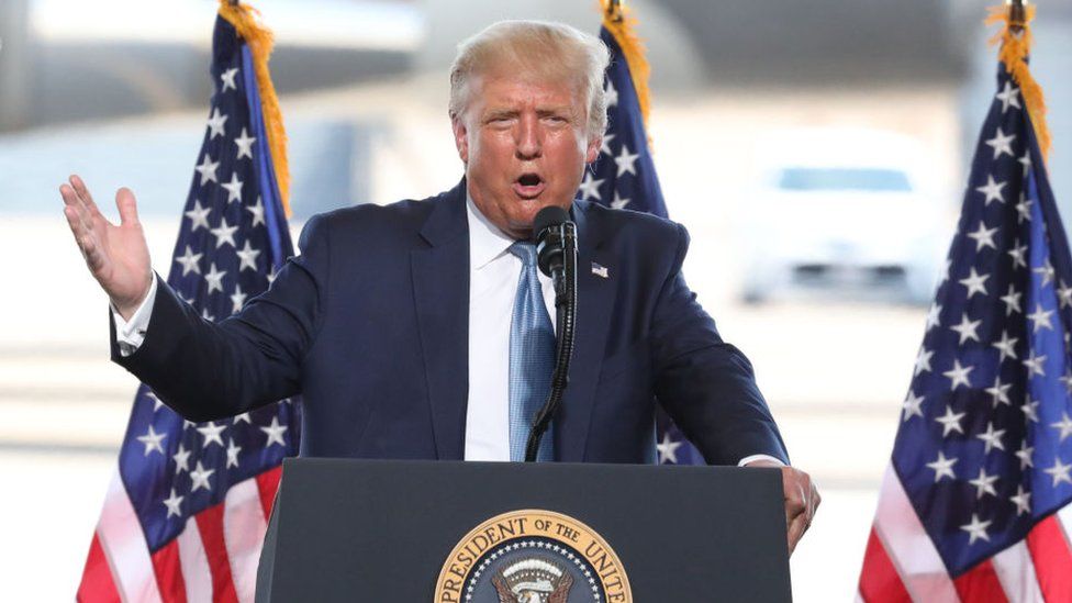 US President Donald Trump speaks during a campaign rally at The Defence Contractor Complex.