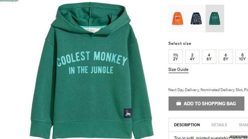 Screengrab of H&M's website showing the hoodie with 'coolest monkey in the jungle' on it