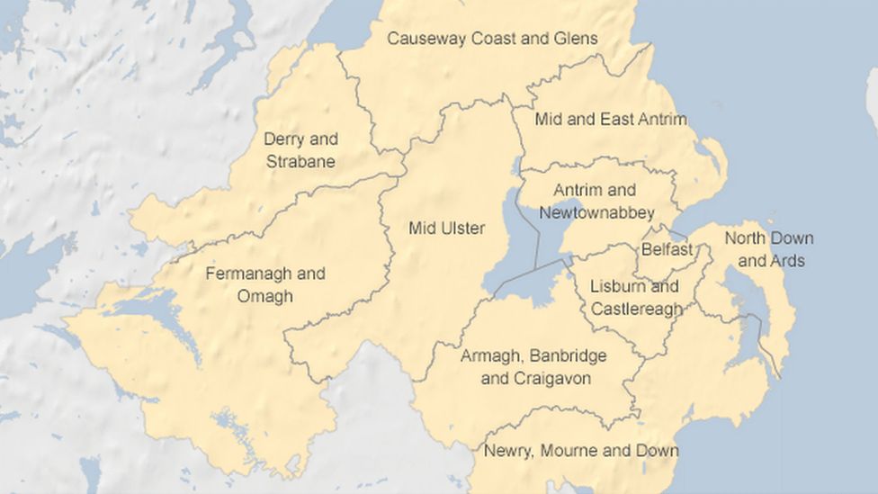 A map showing Northern Ireland's 11 council areas