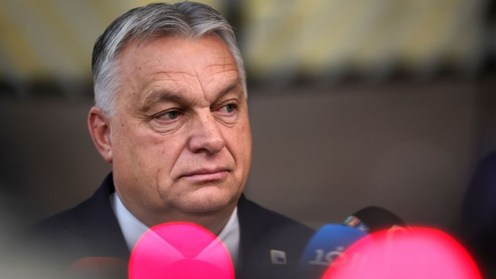 Hungary's Prime Minister Viktor Orban speaks to the media as he arrives for a European Council in Brussels, Belgium, on 14 December 2023